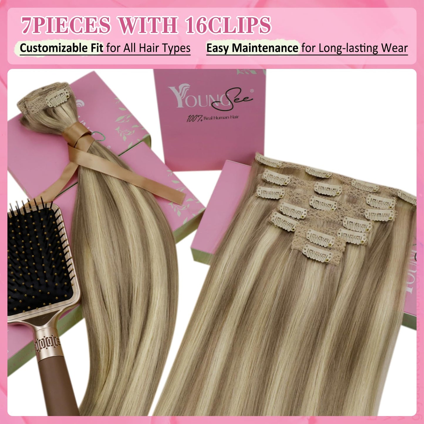 YoungSee Clip in Human Hair Extensions Highlight Remy Human Hair Extensions Clip ins Blonde Highlights with Light Brown Clip in