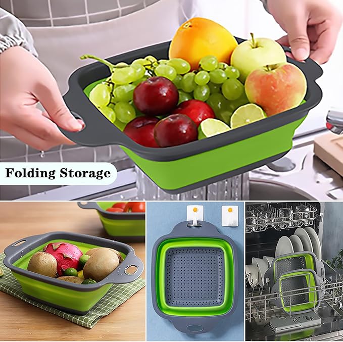 Square Collapsible Colander Set,Save Storage Space Collapsible Colander Strainer with Handle,for Kitchen and Travel Use (Red)