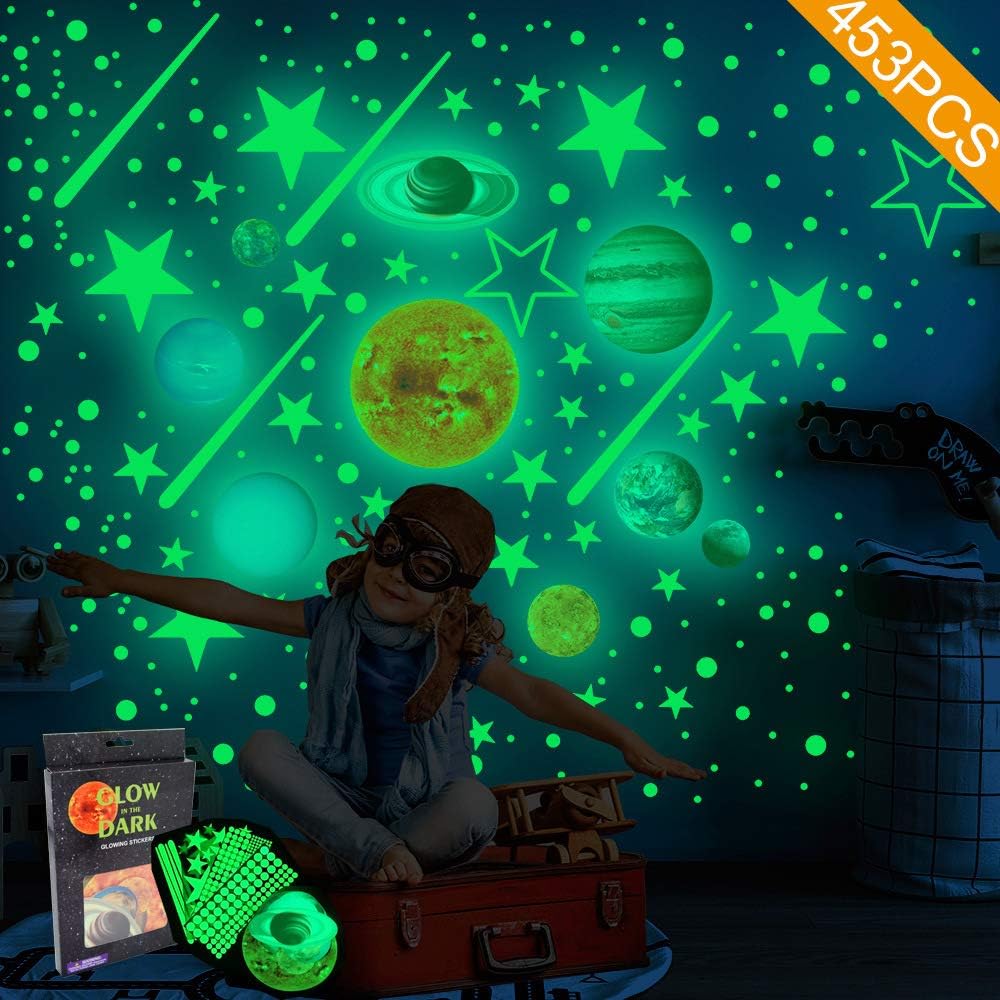 Quanhaigou Glow in The Dark Stars and Planets, Bright Solar System Wall Stickers -Glowing Ceiling Decals for Kids Room,Shining Space Decoration