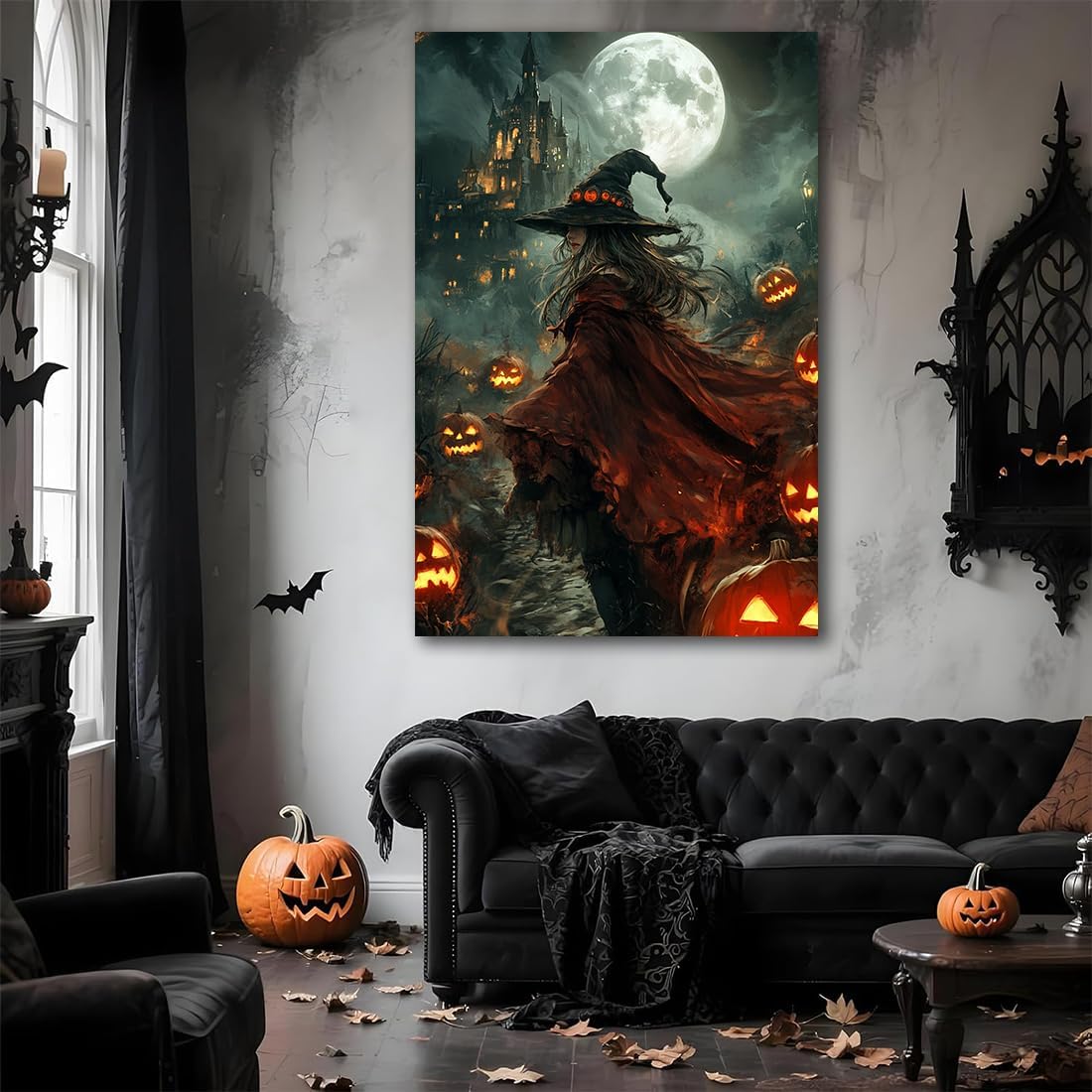 Dark and Moody Gothic Witch Poster Wall Art,Vintage Rustic Witch in Cloak with Castle Pumpkin Road Dark Gothic Poster,Goth Spooky Season Halloween Prints for Fantasy Office,16"x24" Framed