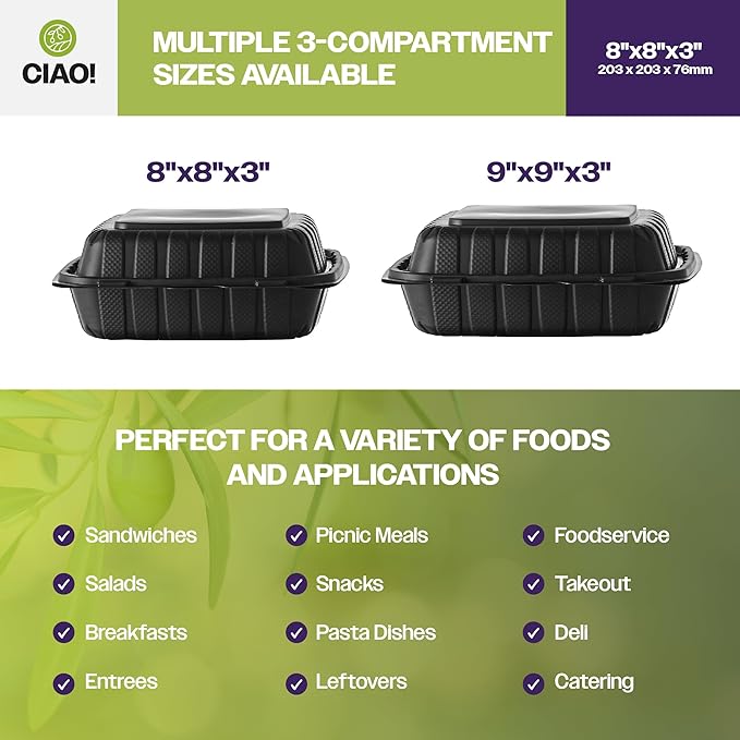 CIAO! 8"x8"X3" MFPP Black Hinged Container With Lid 3 Compartment (Case of 200)