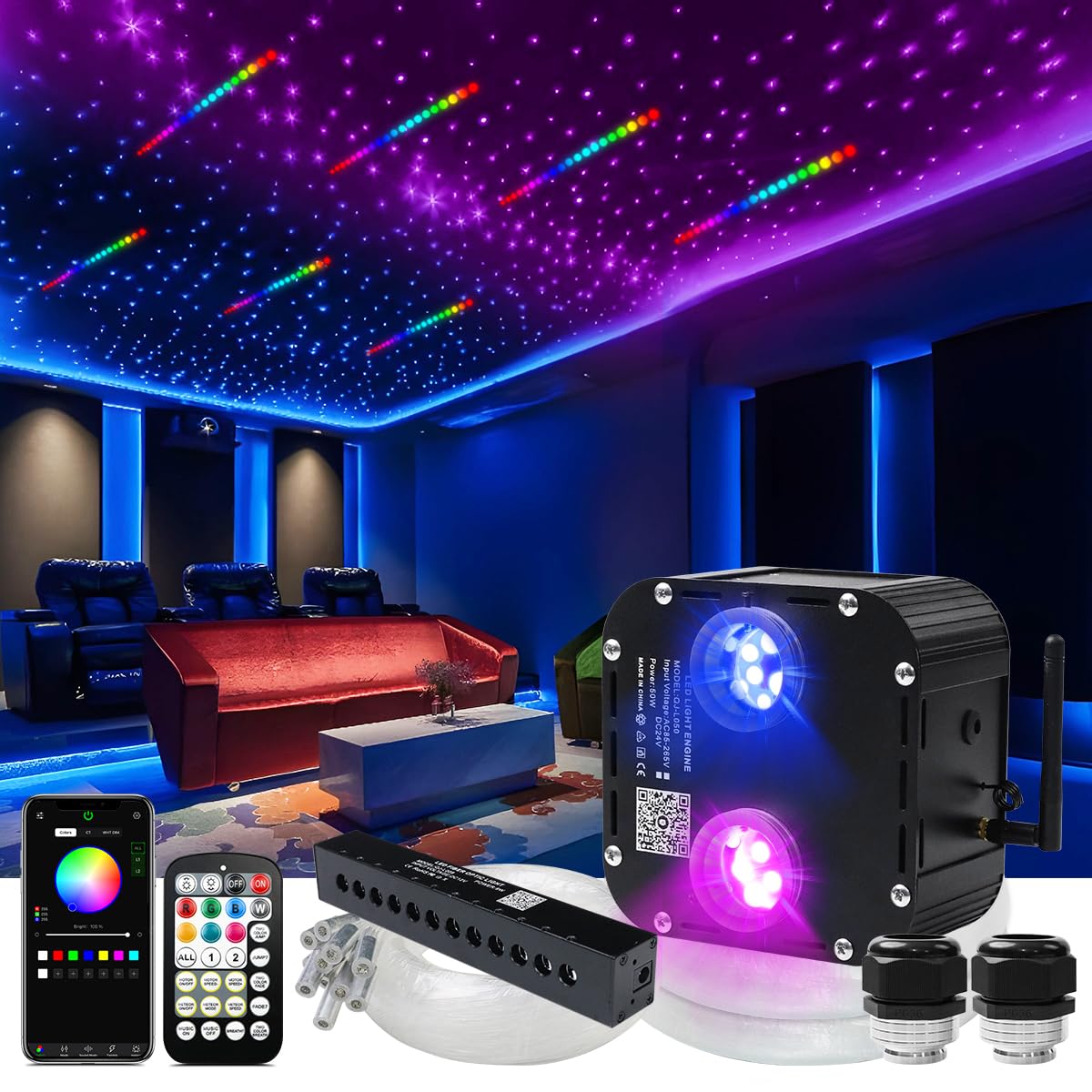 AZIMOM Twinkle Fiber Optic Starlight Kits, 2000pcs 0.03in 16.4ft, RGB Meteor Shooting Star, Sound Activated, Black
