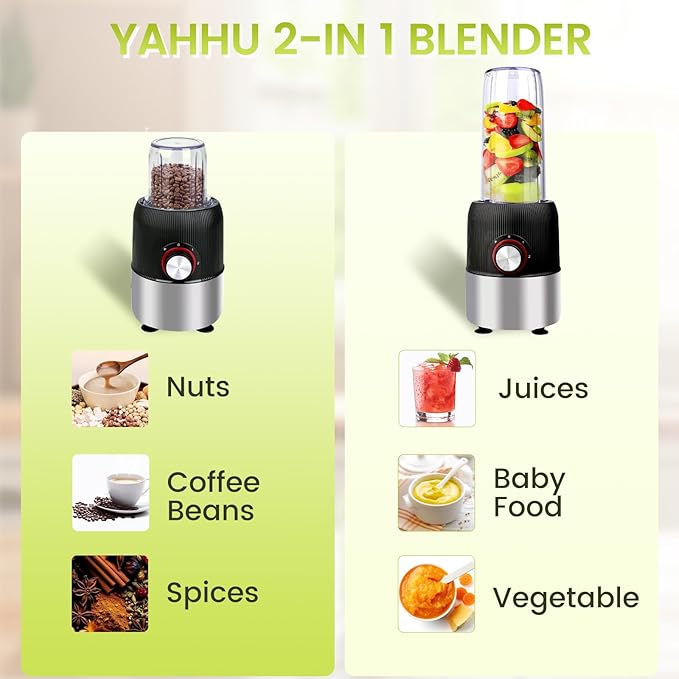 1000W 2-in-1 Personal Blender with Travel Bottles, Portable Smoothie Maker for Shakes & Grinding Coffee, 3 Speeds, 27oz & 6.7oz Cups, Compact & Powerful, Black
