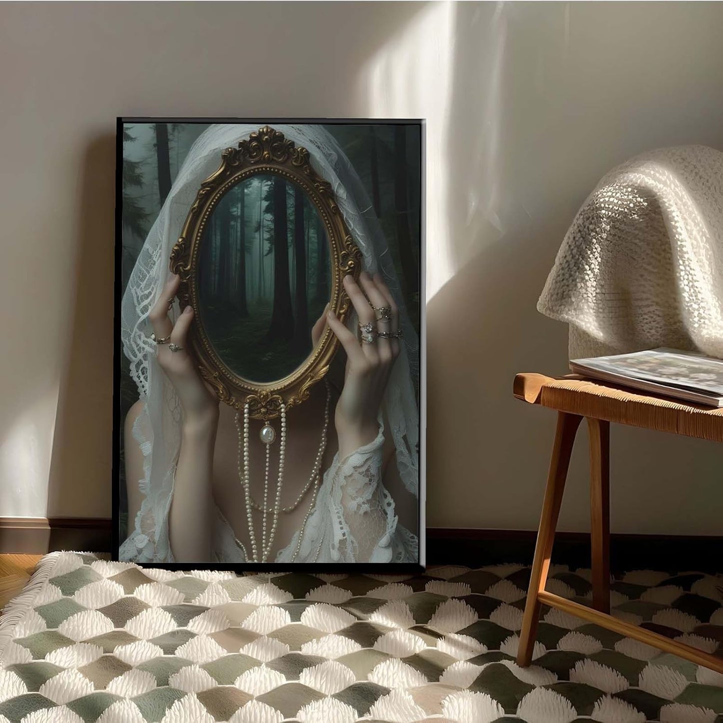 Mirror face covering dark art poster print melancholy gothic painting vintage feminine print victorian style decoration antique art8x12in Metal blackFramed