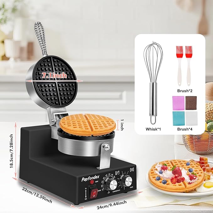 Commercial Waffle Maker for Restaurant, 110V Electric Waffle Maker w/Non-stick and 122–572°F Adjustable Temp, 1200W Profession Waffle Iron with Timer and Heavy Duty, Hotel Waffle Machine