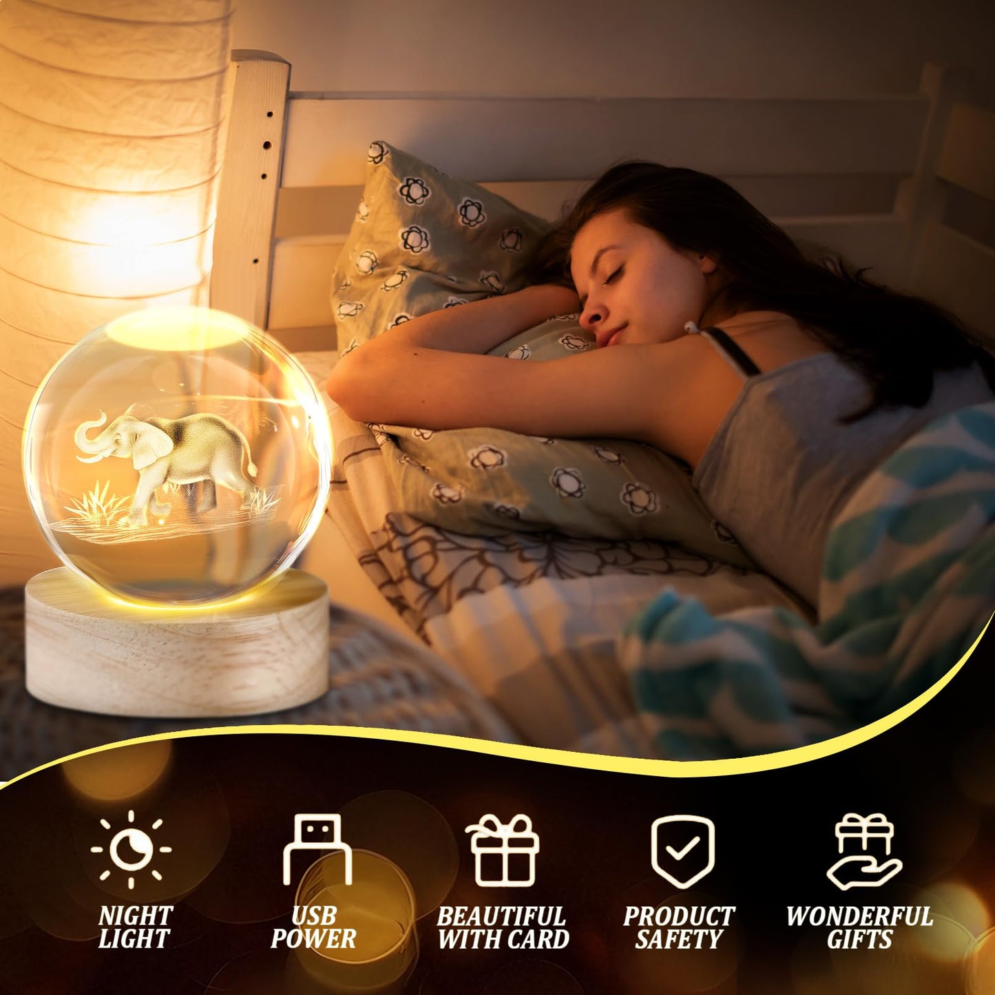 Jetec 4 Sets Thanksgiving Elephant Crystal Ball Night Lamp 3D Elephant Friendsgiving Gift  Light With Wood Base Friendship Card Best Friend Decor Gift For Long Distance Bff Women Christmas Birthday