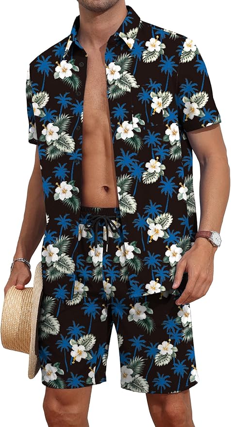 YTD Mens Flower Hawaiian 2 Piece Outfit Sets Short Sleeve Beach Casual Button Down Shirt and Shorts Suits