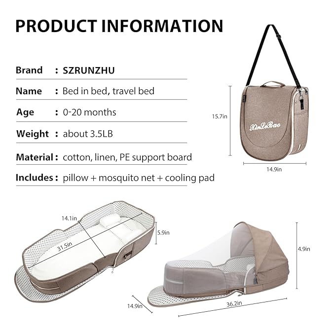 Portable Bassinet for Baby Travel Lounger Foldable Baby Co-Sleeping Bed with Mosquito net + Cool mat Carry Bag & Storage Pocket (Khaki)