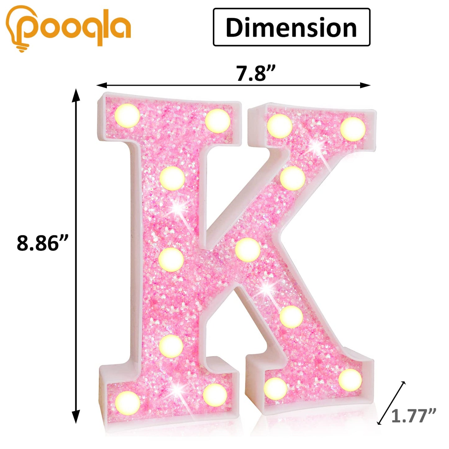 Pooqla Led Marquee Letter Sign - Pink Glitter Alphabet Light Up Decor For Parties, Weddings, And Home, Battery Powered, Letter K