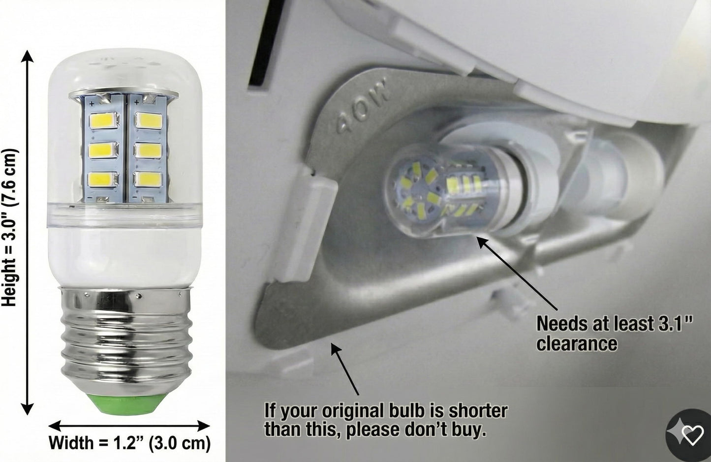TL HONGPHUC for Frigidaire Light Bulb Replacement KEI D34L 5304511738 Refrigerator LED Bulb AC100-265V 3.5W for Kenmore KEL 3418L, E27 Large Base 3" Height, NOT for E17 or E12 Base (2PCS)