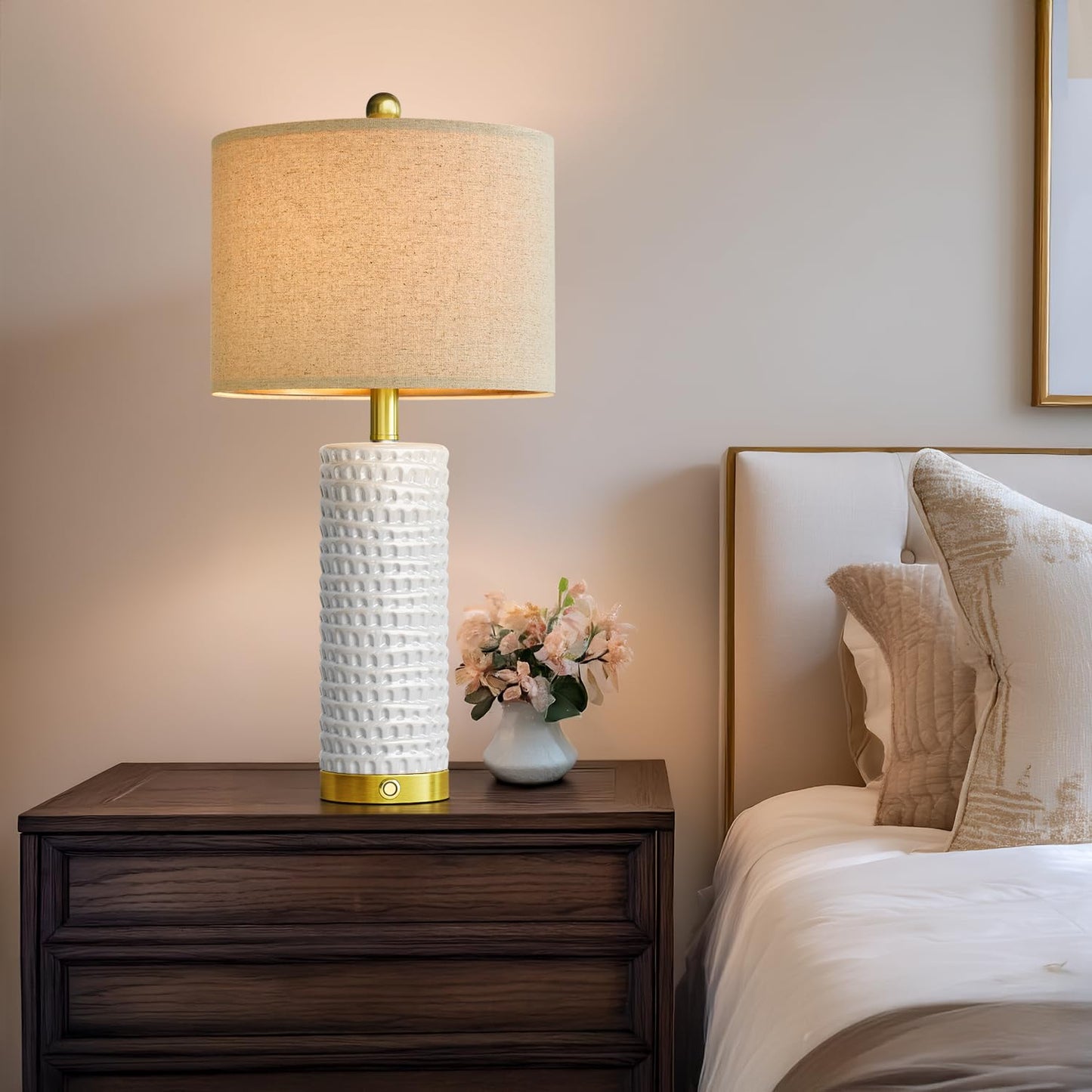 PORTRES Modern Ceramic Table Lamp Set of 2, 3-Way Dimmable, USB Charging Ports, Large, White and Gold