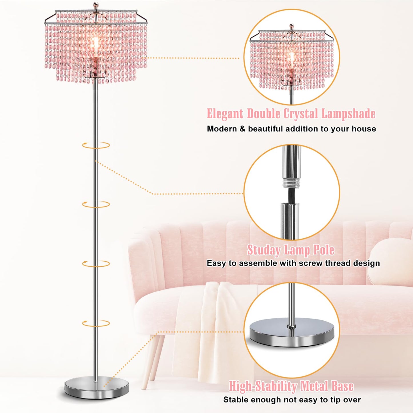 Luvkczc Pink Crystal Floor Lamp, 64 Tall Metal Standing Lamp With Double-Layer Lampshade, On/Off Foot Switch For Living Room And Office