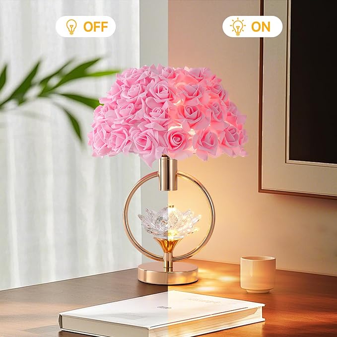 Modern Pink Rose Table Lamp with Crystal Romantic Flower Bedside Lamp Princess Nightstand Lamp Creative Desk Light for Girl Bedroom Living Room Entry Hotel Wedding 17IN