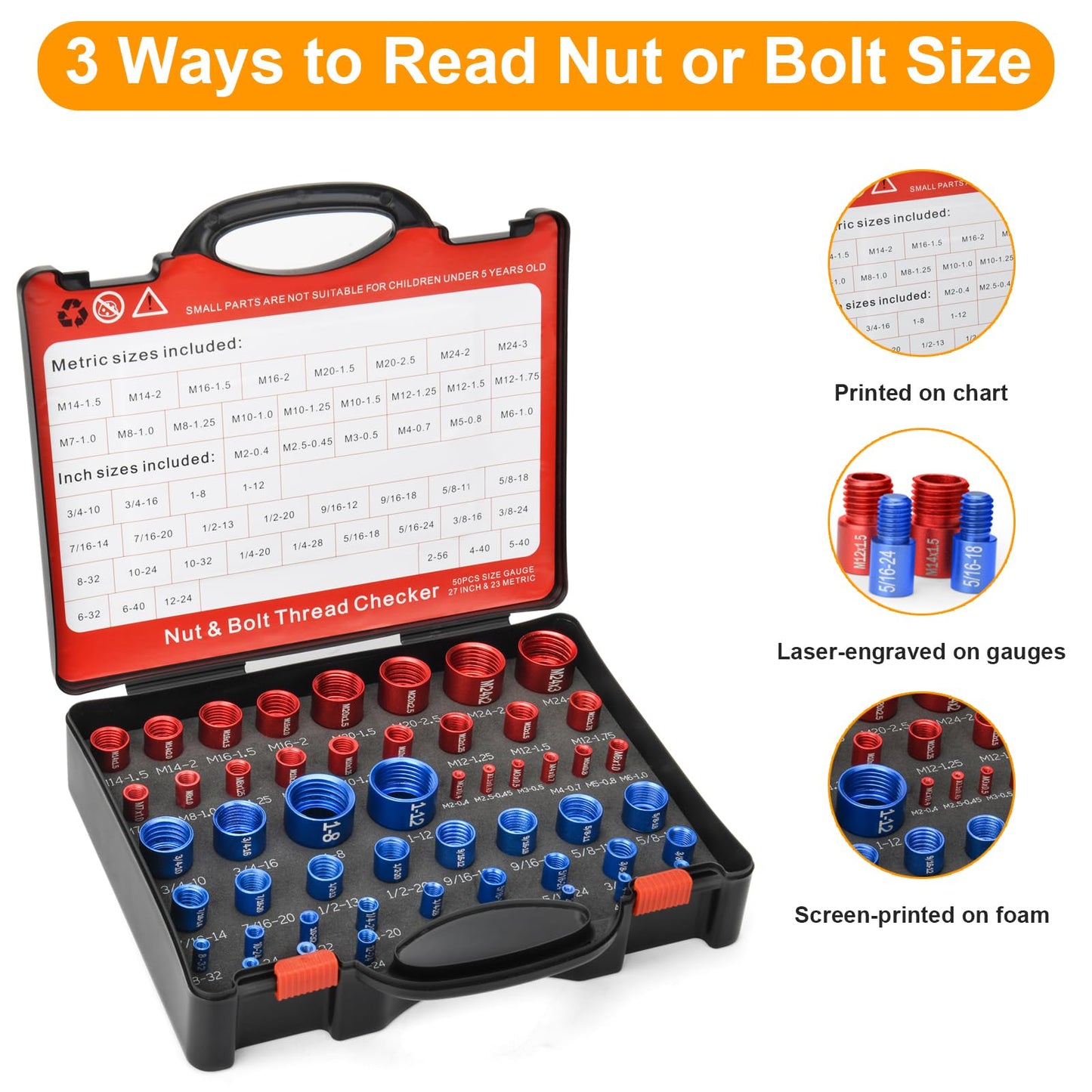 Comfylichi 50 Pcs Nut and Bolt Thread Checker - 27 Standard & 23 Metric, Detachable Bolt Size Finder Tool, Screw and Nut Identifier Thread Gauge Especially for Tight Spaces