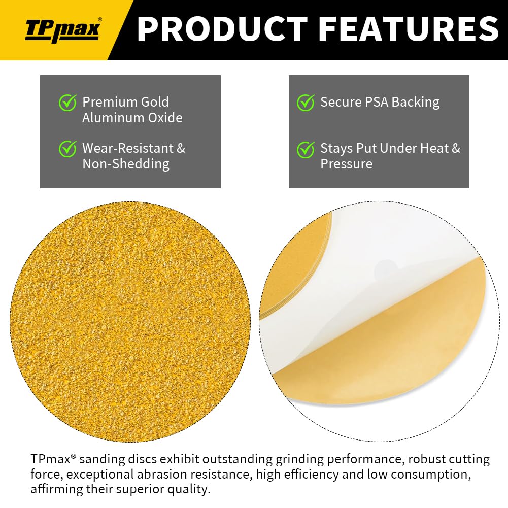 6-Inch 180-Grit Gold PSA Sanding Discs, 50 Pack – Pro-Grade Self-Adhesive Stickyback Sandpaper with Quick-Release Tabs for DA Sander, Fine Automotive/Wood/Metal Sanding