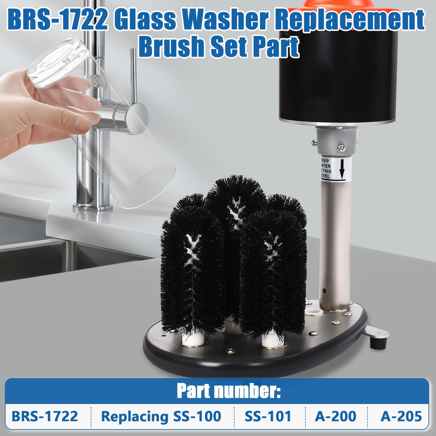 BRS-1722 Glass Washer Replacement Brush Set Part(4 pcs 6-inch Brushes +1 pc 7.5-inch Brush) Compatible with Bar Maid Glass Washer, Replacement SS-100, SS-101, A-200, A-205
