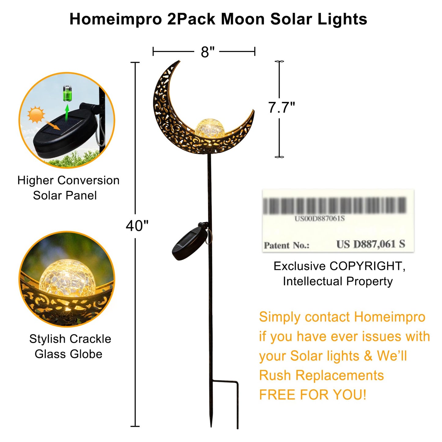2Pack Moon Garden Solar Lights Outdoor Stakes Waterproof, Gifts for Mom, Crackle Glass Halloween Backyard Decor Balcony Lawn Ornaments, for Women Men Grandma (Bronze)