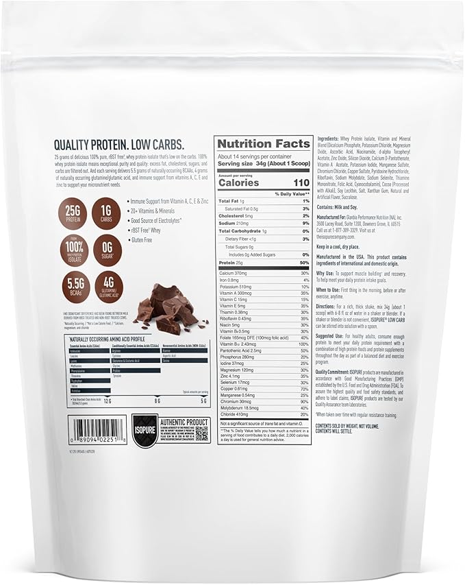 Isopure Low Carb 100% Pure Whey Isolate Protein Powder, Lactose Free, Gluten Free, With Vitamins, Dutch Chocolate, 25g Protein Per Serving, 1 Lb, 14 Servings (Packaging May Vary)