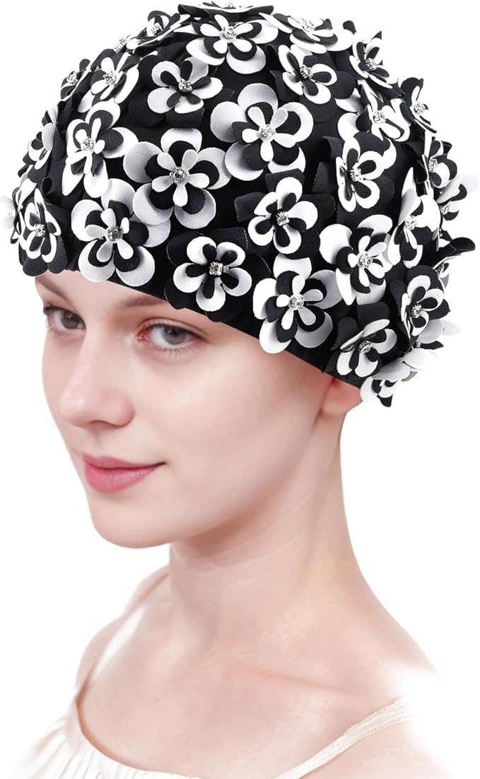 Medifier Vintage Floral Petal Swim Cap Bathing Hats for Women and Girls - Retro Elastic Swimming Turban with Flowers, Rhin...