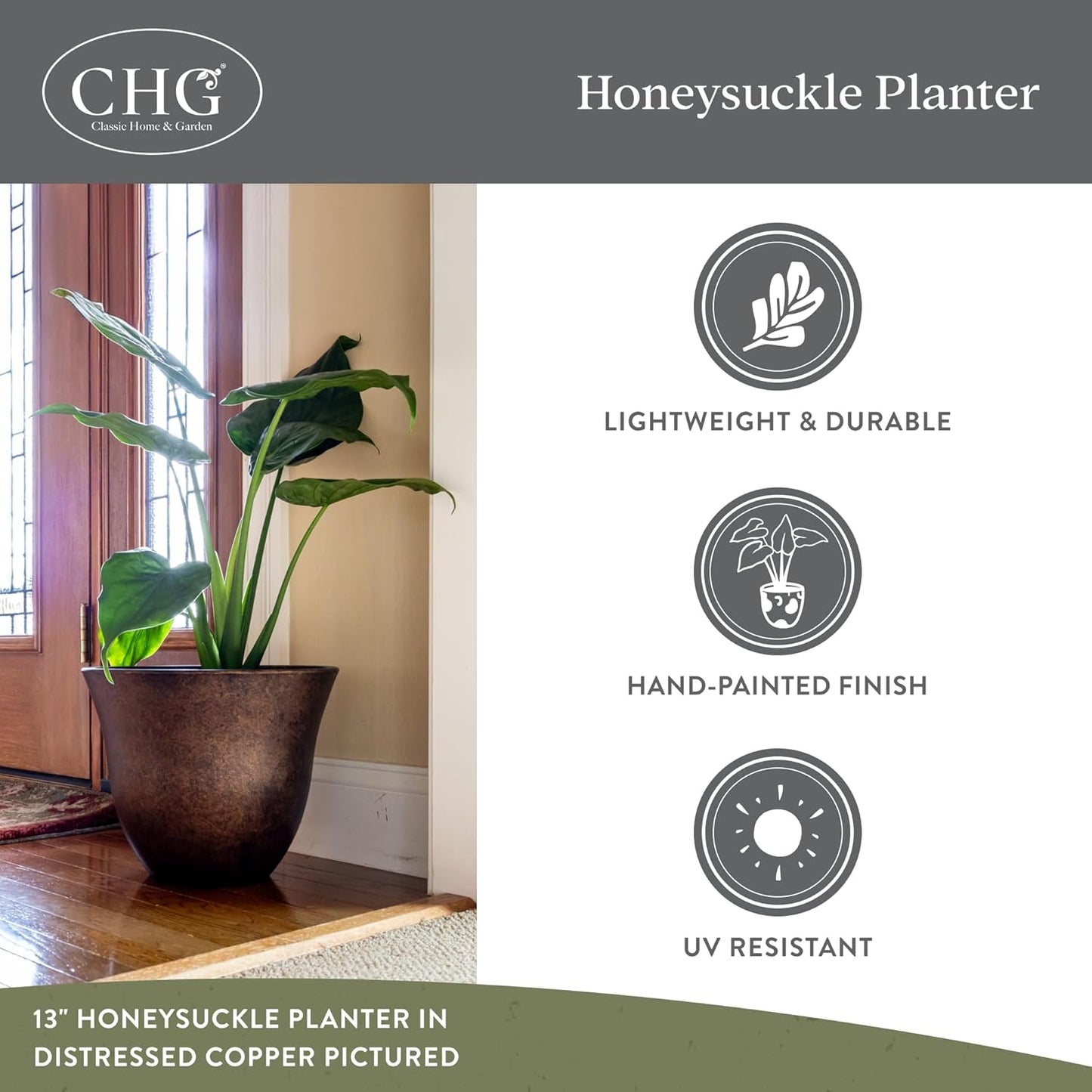 Classic Home and Garden Honeysuckle Resin Planters - Lightweight Indoor & Outdoor Plant Pots - UV-Resistant Plastic Flower Pots - Pot Planters for Flowers & Herbs (15" Zinc Grey)