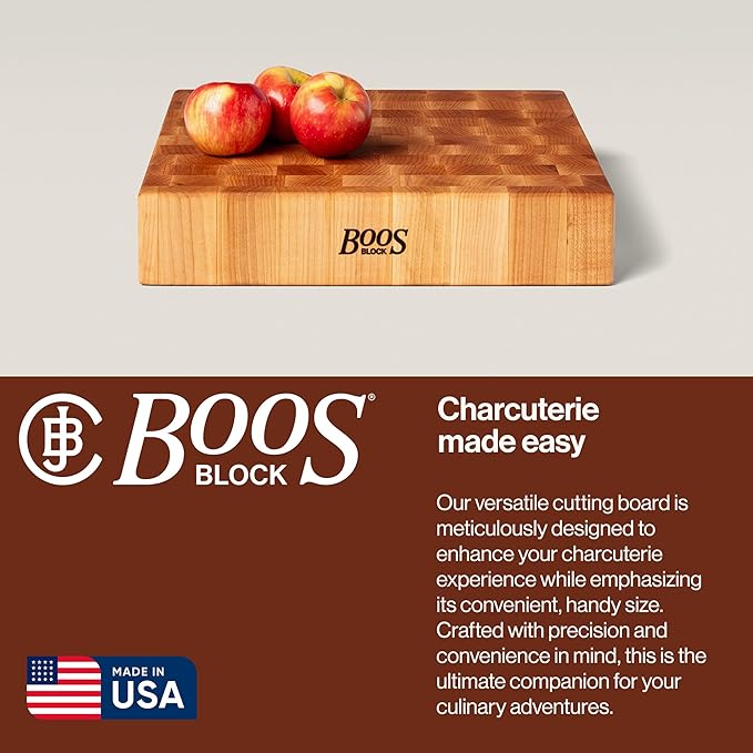 John Boos CCB Series Square Wooden Maple Cutting Board 15”x15” – 3” Thick, 19-lb Reversible Butcher Block with End-Grain & Finger Grips – Made in the USA