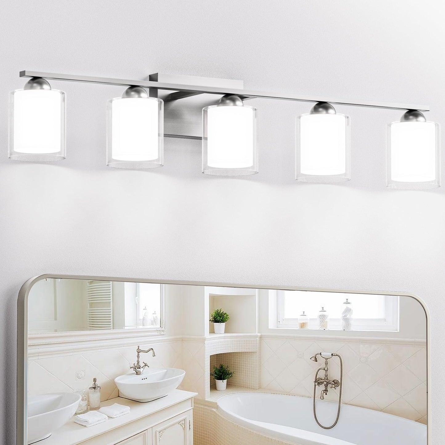 Quntis 5 Light Brushed Nickel Bathroom Light Fixtures  Modern Vanity Lights Over Mirror With 5 Colors & Stepless Dimmable  33 Inch Led Bathroom Lighting With Milk White Frosted Glass (Bulbs Included)
