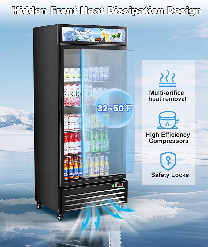Tylza Commercial Refrigerator with Glass Door Display Beverage Fridge, 21.2 Cu Ft Upright Beverage Cooler Merchandiser with Rebound Door, Fast Cooling, Low Noise, Black