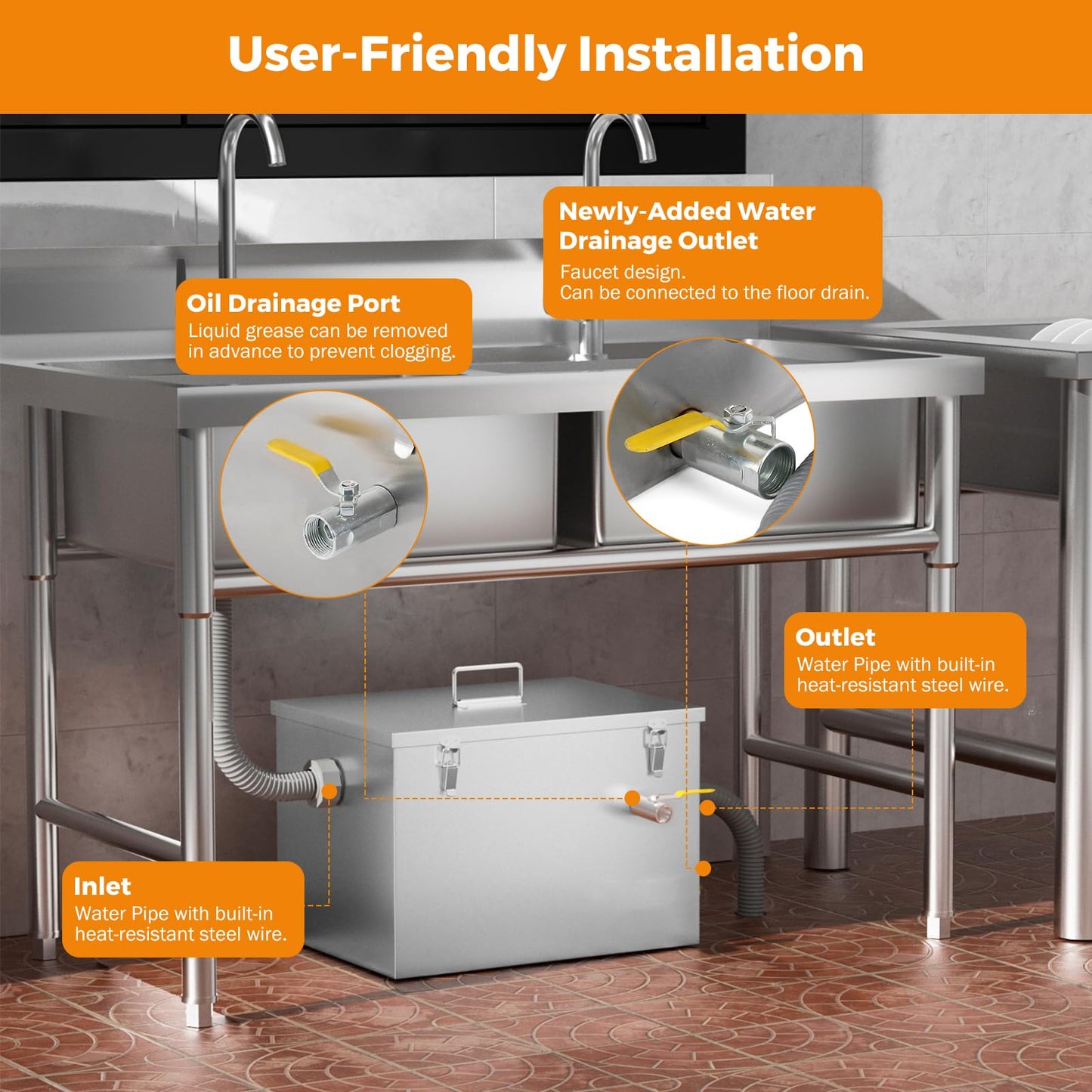 BEAMNOVA 8lbs Commercial Grease Trap Stainless Steel Interceptor for Restaurant Side Inlet