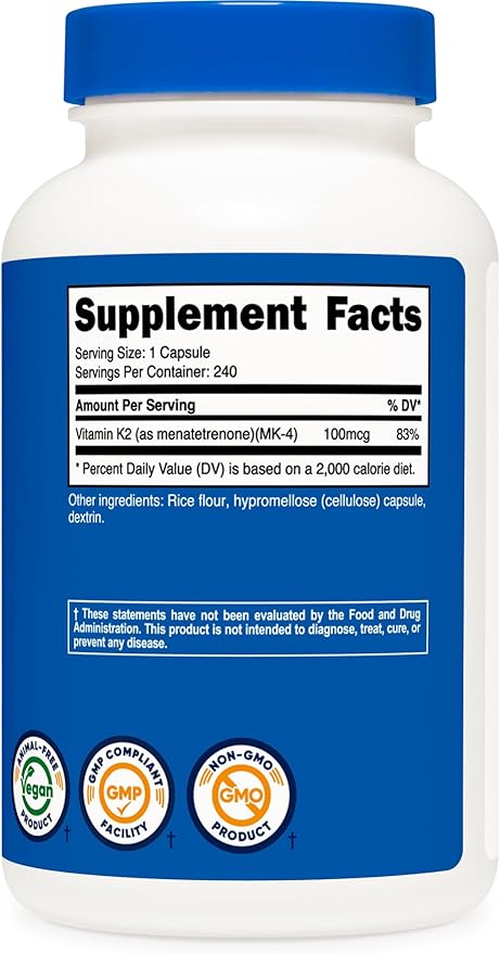 Nutricost Vitamin K2 (MK4) 240 Capsules (100mcg) - Gluten Free and Non-GMO