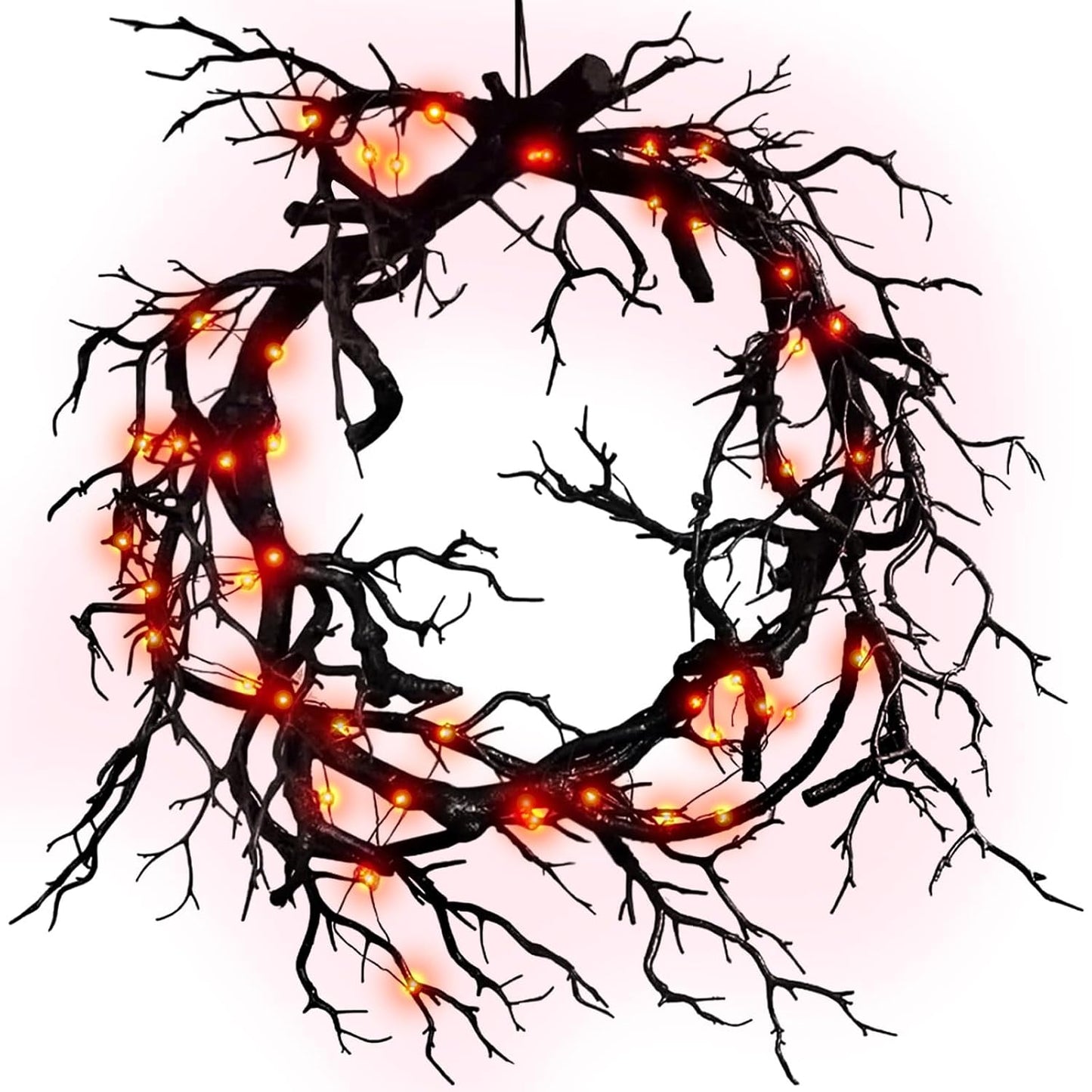 Halloween Black Branch Wreath Signs for Front Door with Red Lights,Handcrafted Halloween Horror Wreath for Indoor Outdoor Party Window Wall Decor Farmhouse Garland Yard