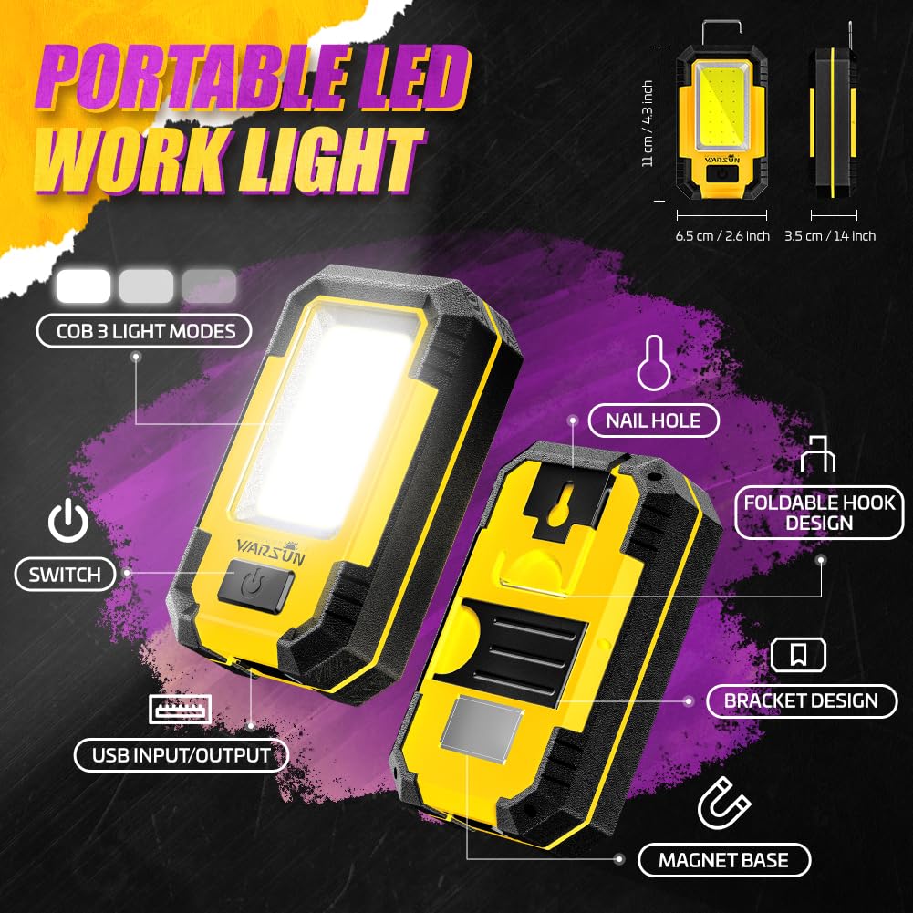 WARSUN 2 PC Portable LED Rechargeable Work Light,Magnetic Base & Hanging Hook, 30W 1200Lumens Super Bright, 5000K, for Car Repairing,Camping,Hiking,Backpacking,Fishing,Hurricane, Yellow