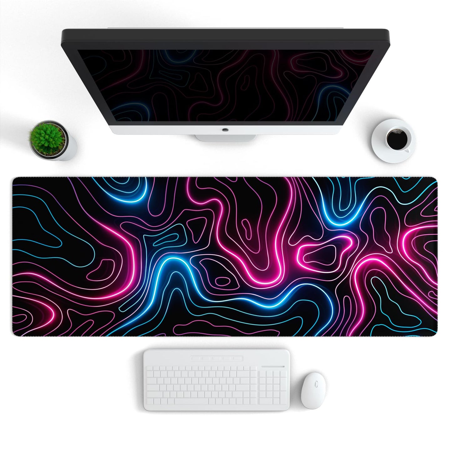Ovenbird Gaming Mouse Pad with Stitched Edges, Topographic Map Pink Extended XL Mousepad with Anti-Slip Base, Cool Neon Large Mouse Pad for Desk, 31.5 x 11.8 in, Pink and Blue