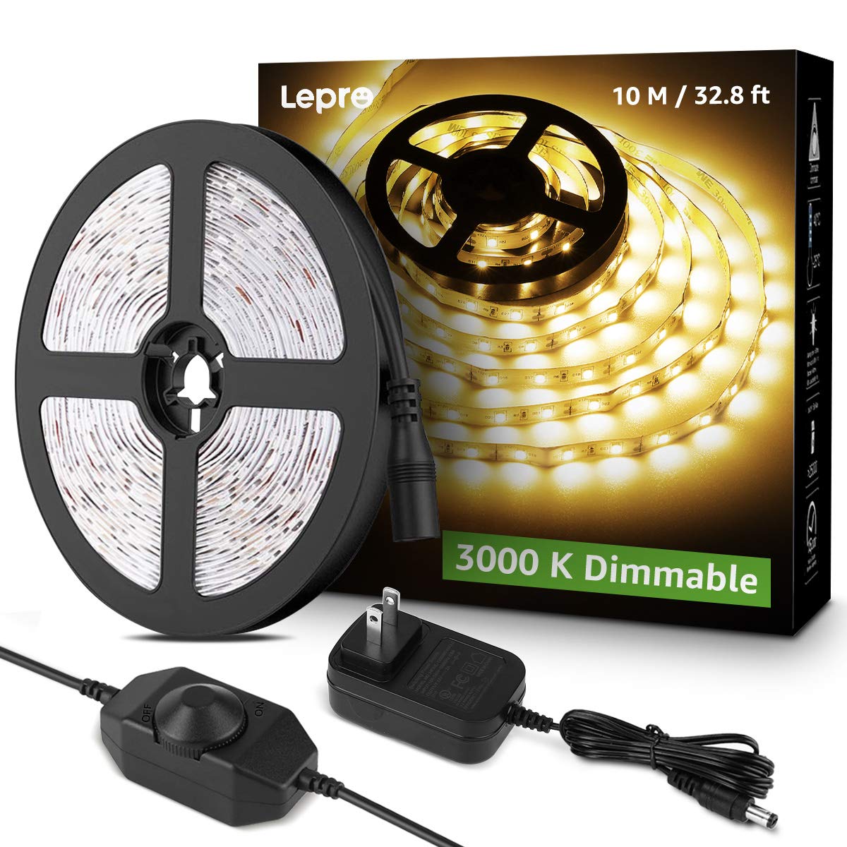 Lepro LED Strip Light, 32.8Ft Dimmable Vanity Lights, 3000K Super Bright LED Tape Lights, 420 LEDs SMD 2835, Strong 3M Adhesive, Suitable for Home, Kitchen, Under Cabinet, Bedroom, Warm White
