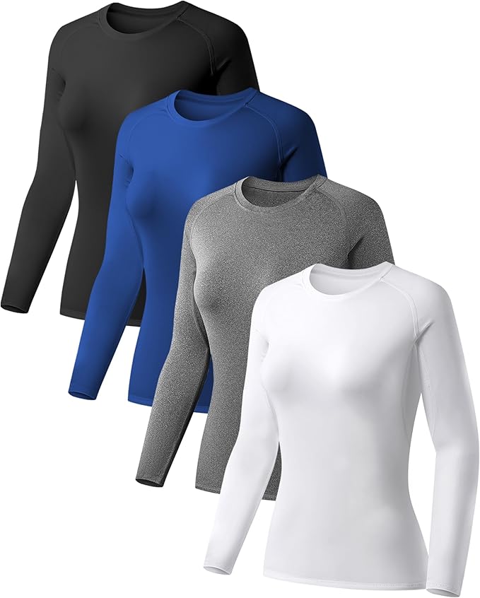 TELALEO 4 Pack Women's Long Sleeve Compression Shirt - High Performance Workout Baselayer for Athletic Sports