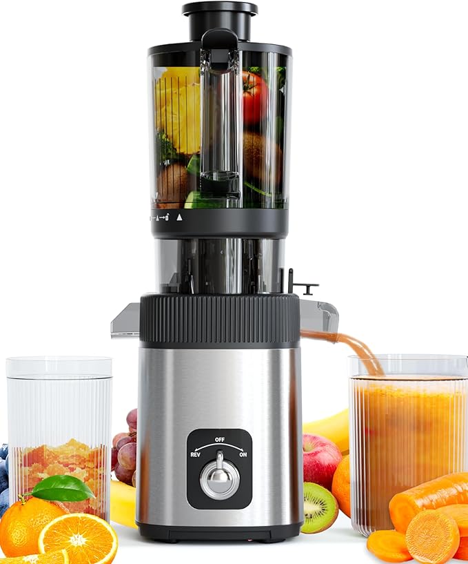 Kndko Cold Press Juicer with 4.35" Wide Feed Chute, Slow Masticating Machine Fit Whole Fruits & Vegetables, High Juice Yield, Stainless Steel Juicer Machine with Large Auger, Easy to Clean