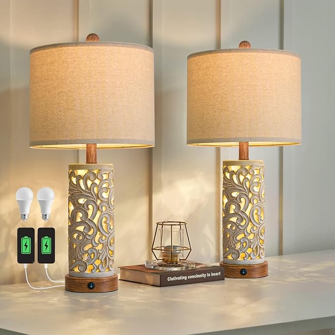 OYEARS 22'' Table Lamp Set of 2 for Living Room,Farmhouse Lamp for for Bedroom,Vintage Retro Bedside Lamps with USB Ports Linen Shade for Home Office (Brown, Bulb Included)