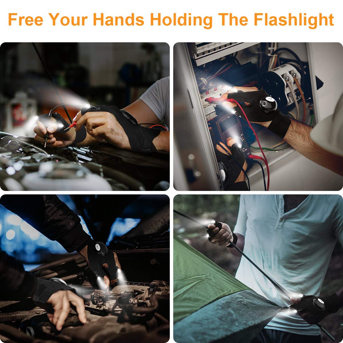 Biuonk Led Flashlight Gloves – X-Large Black Finger Lights For Repairing, Fishing & Camping – Cool Gadgets For Men & Boys