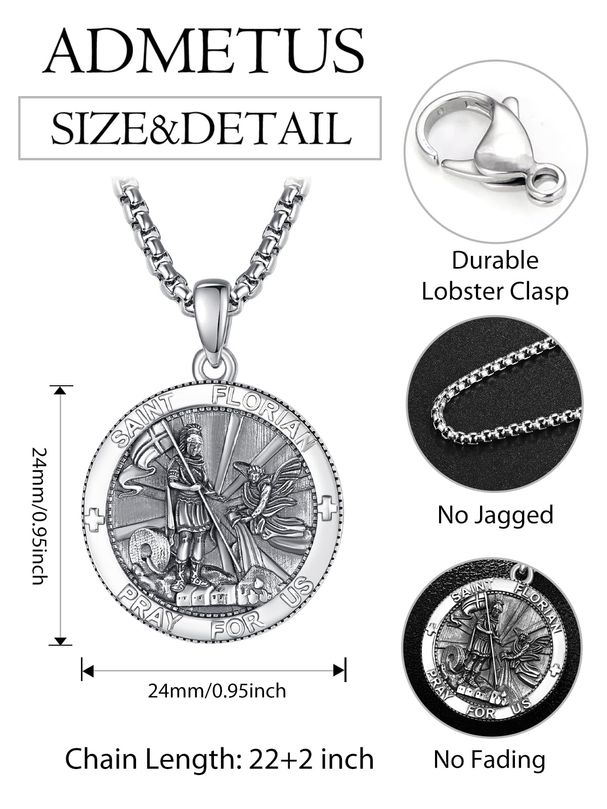 ADMETUS Sterling Silver St Florian Firefighter Necklace for Men Saint Florian Pendant Medal Amult Protection Jewelry Religious G