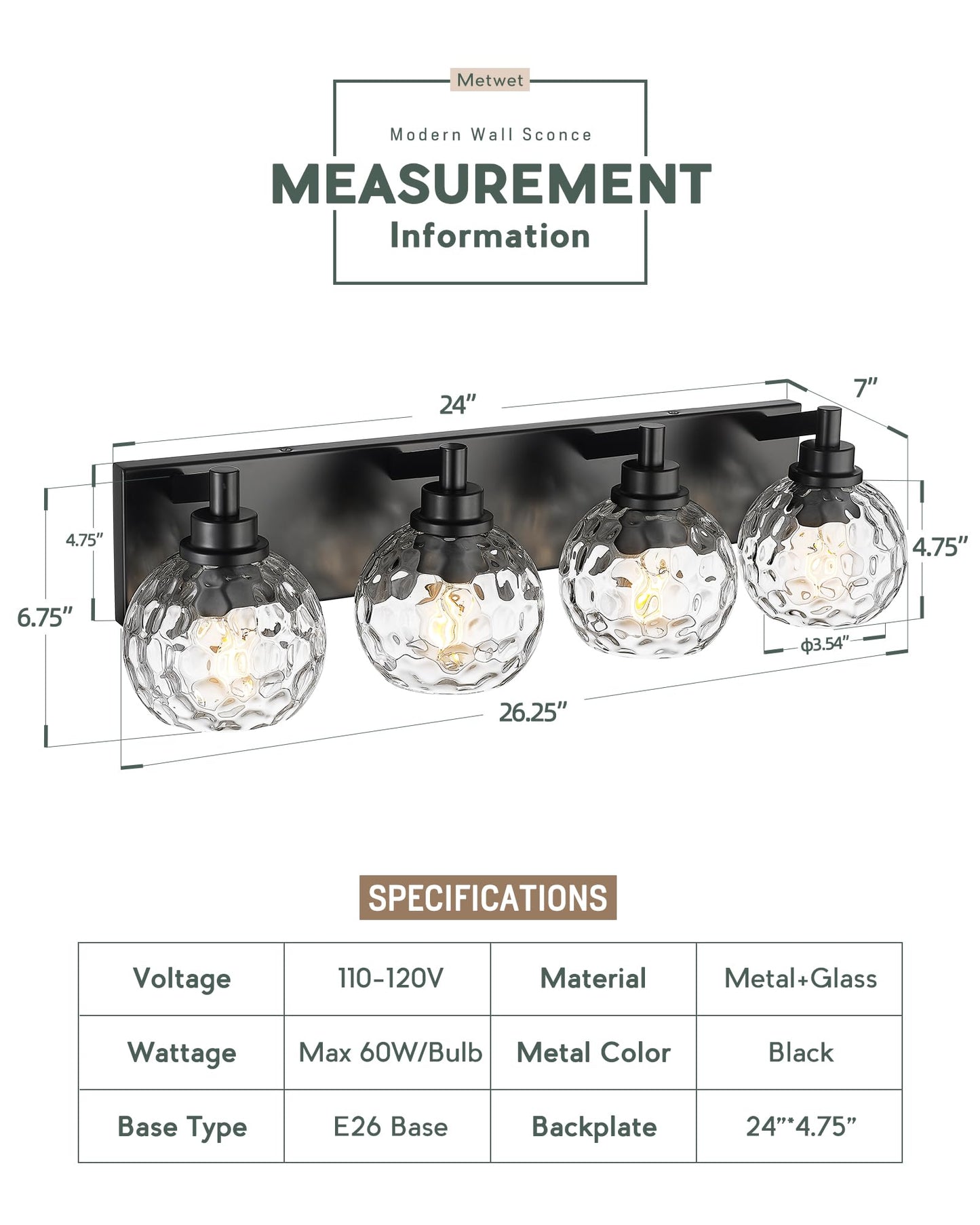 Metwet Bathroom Light Fixtures Over Mirror  26  Matte Black Vanity Light With Clear Hammered Glass Globe Shade  4-Light Modern Sconces Wall Lighting For Bedroom Hallway  Vl200-Mb-Cl-4