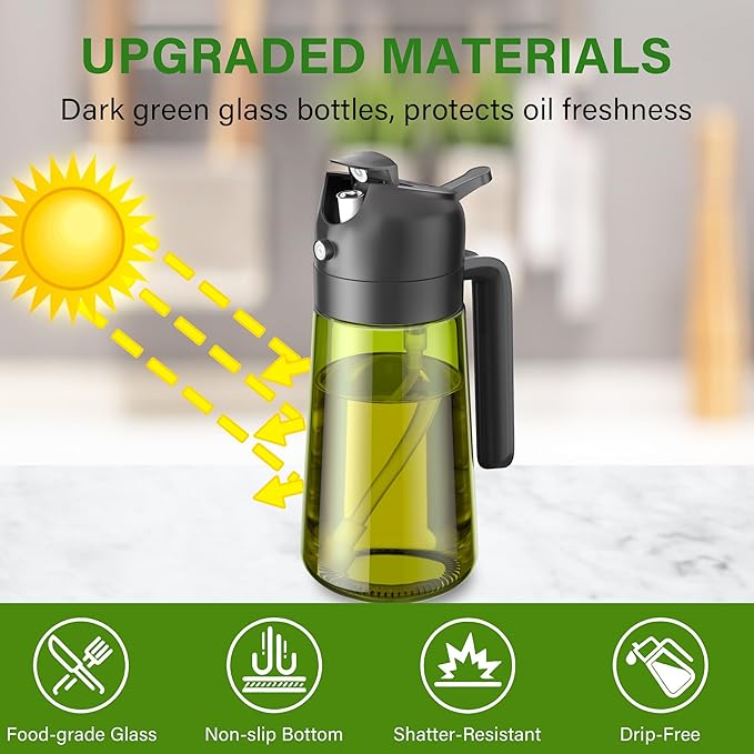 Vakoo 2 in 1 Oil Sprayer and Oil Dispenser for Kitchen - 16oz/470ml Light-Blocking Dark Glass Olive Oil Spray Bottle for Cooking, Air Fryer, Salad & BBQ (Black&White)