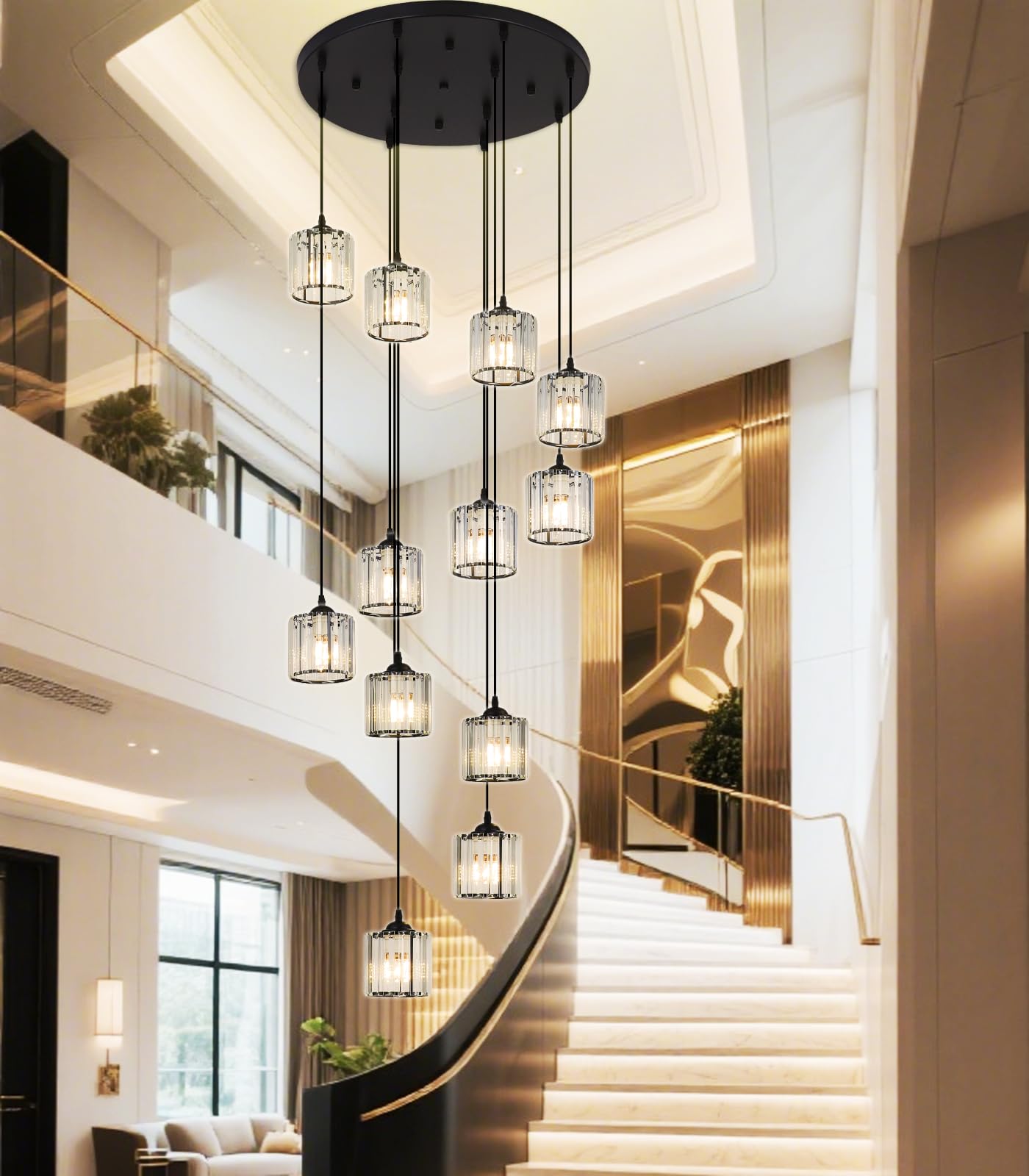 Meimond Long Chandeliers For High Ceilings Modern Crystal Pendant Light Raindrop Drop Lamp Hanging Flush Mount Lighting Fixtures For Spiral Staircase Foyer Entryway Living Room Black (12 Lights)