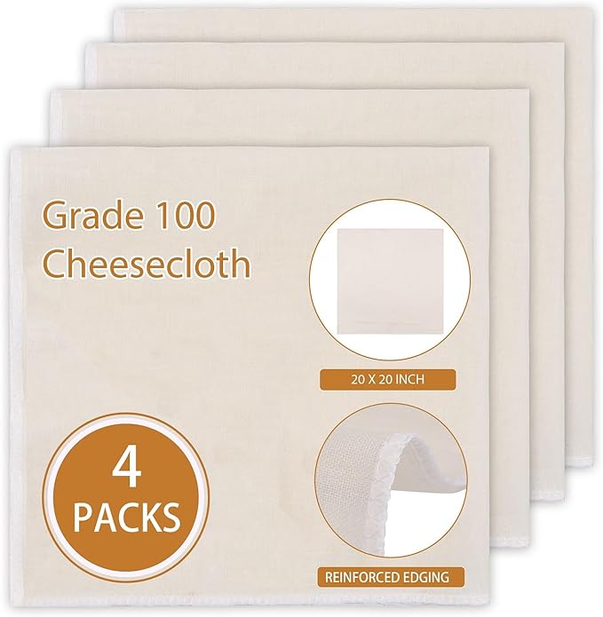 4 PCS Reusable Cheese Cloths for Straining, 20x20 Inch Hemmed Cheesecloth, 100% Cotton Unbleached Cloth Strainer for Coffee Brewing Cooking, Baking, Juicing, Straining, Cheese Making