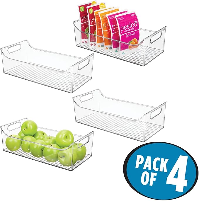 mDesign Slim Plastic Kitchen Pantry Cabinet, Fridge or Freezer Storage Bin with Handles - Organizer Containers for Fruit, Yogurt, Snacks, Pasta - 16" Long - Ligne Collection - 4 Pack - Clear