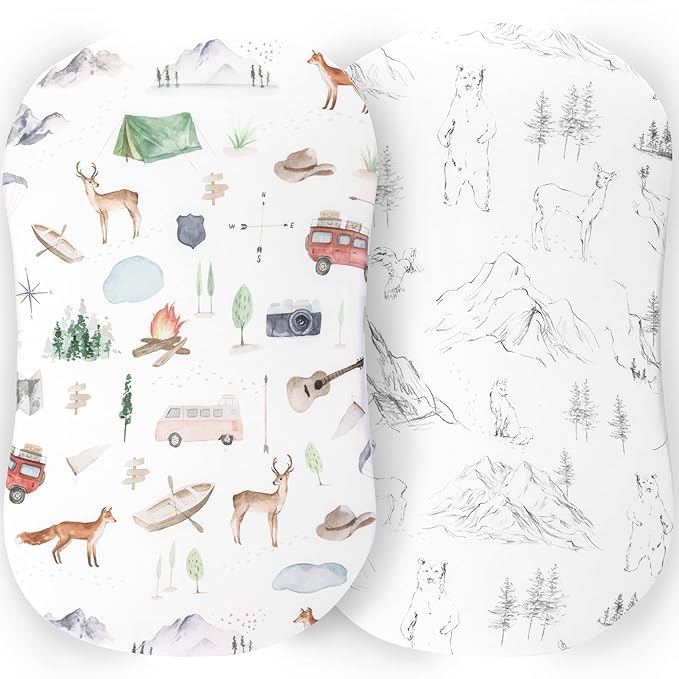 Pobibaby - 2 Pack Premium Bassinet Sheets for Standard Bassinets - Ultra-Soft Cotton Blend, Stylish Woodland Pattern, Safe and Snug for Baby (Explore)
