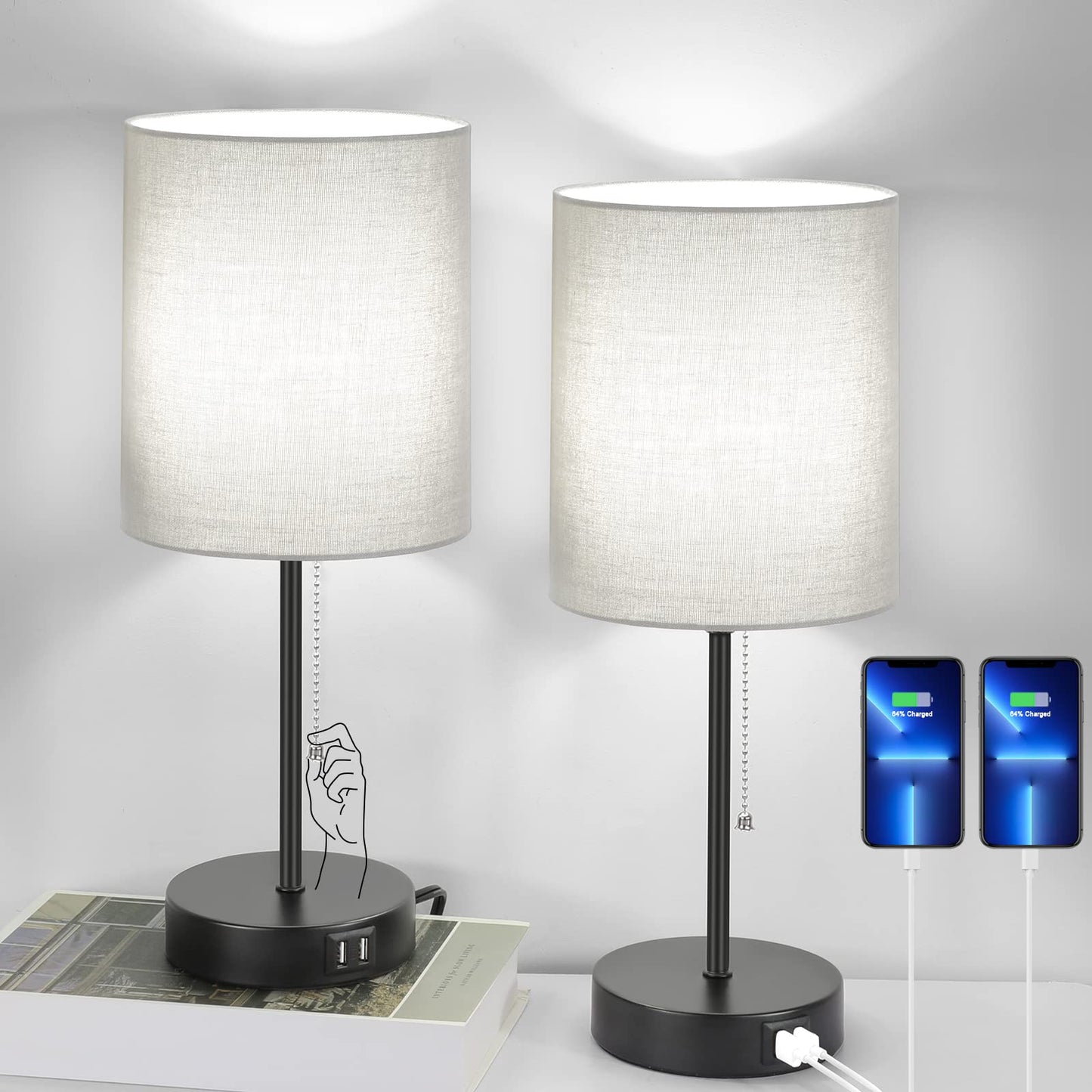 Bosceos Table Lamps Set of 2, Grey Fabric Shade, USB Charging Ports, AC Outlet, Modern Design, Model T0412 BK+GY