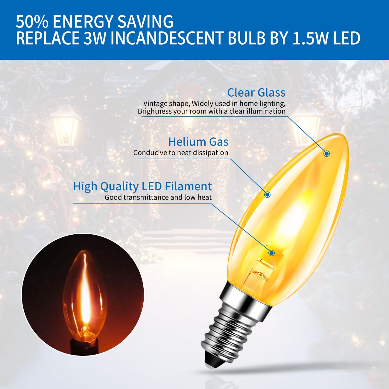 Anwio Flicker Flame Light Bulb 1.5W=3W  Nondimmable Flame Tip 1800K Warm Light Orange Glow Bulbs Crystal Clear Candle Bulb For E12 Chandelier Base (Clear  C35E12(2Pack))