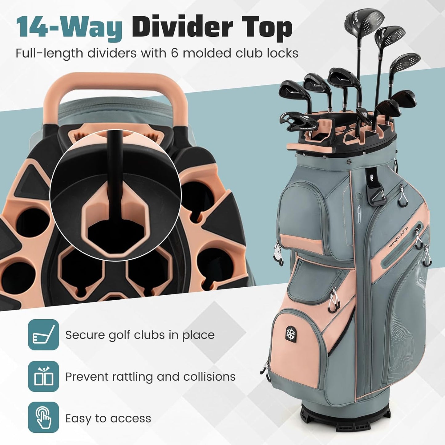 Tangkula Golf Cart Bag with 14-Way Full Length Dividers, 6 Molded Lock Top Golf Club Bag with 11 Pockets, Cooler Bag, Padded Strap, Handles, Umbrella Holder & Rain Hood