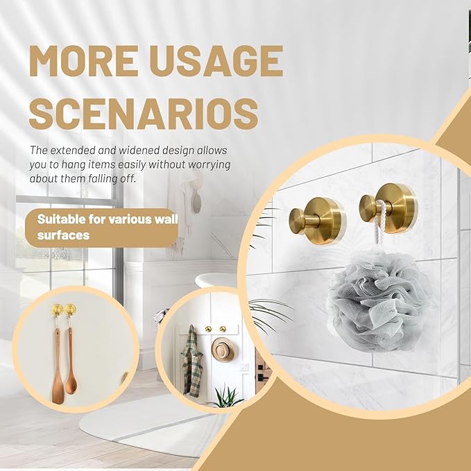 4Pcs Suction Cup Hooks, Wreath Hangers for Front Door, Strong Hold No Drill Hangers for Bathroom, Kitchen, Glass, Tile, Perfect for Wreaths (Gold)