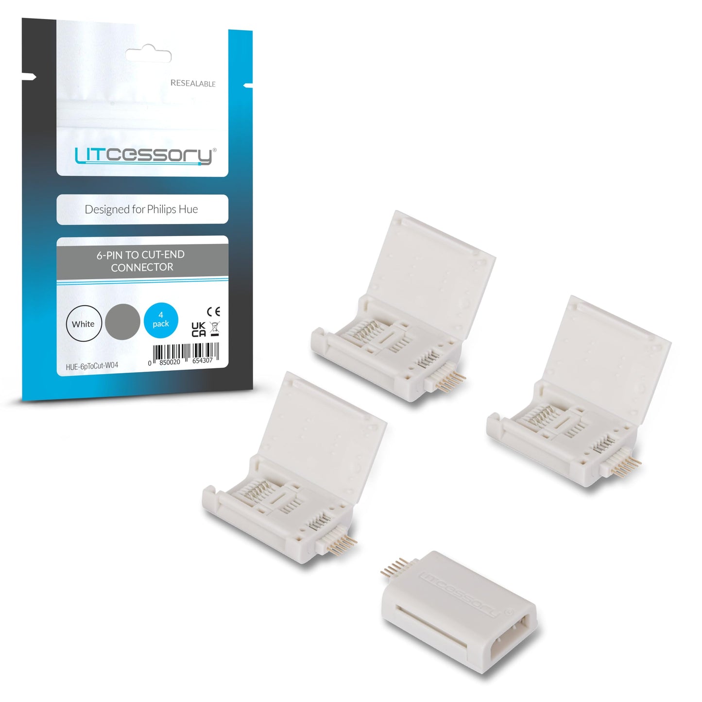 Litcessory 6-Pin to Cut-End Connector for Philips Hue/Solo Lightstrip (4 Pack, White - MICRO 6-PIN V4 / Solo Lightstrip)