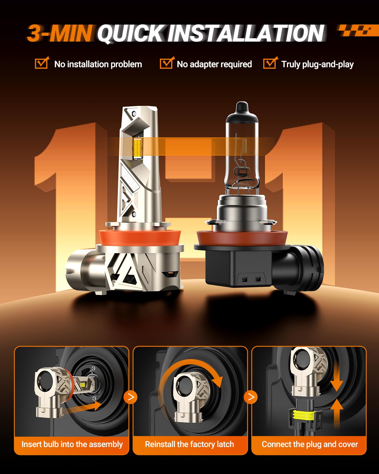 Sealight H11/H9/H8 ?????? Bulbs  48000Lm 1000% Ultra Brighter H11 Fog Bulb  16Pcs Lighting Chips  80 000Hrs+ Lifespan  H16 Drving Front Light 6500K White  1:1 Size Plug N Play Fog Light  Pack Of 2